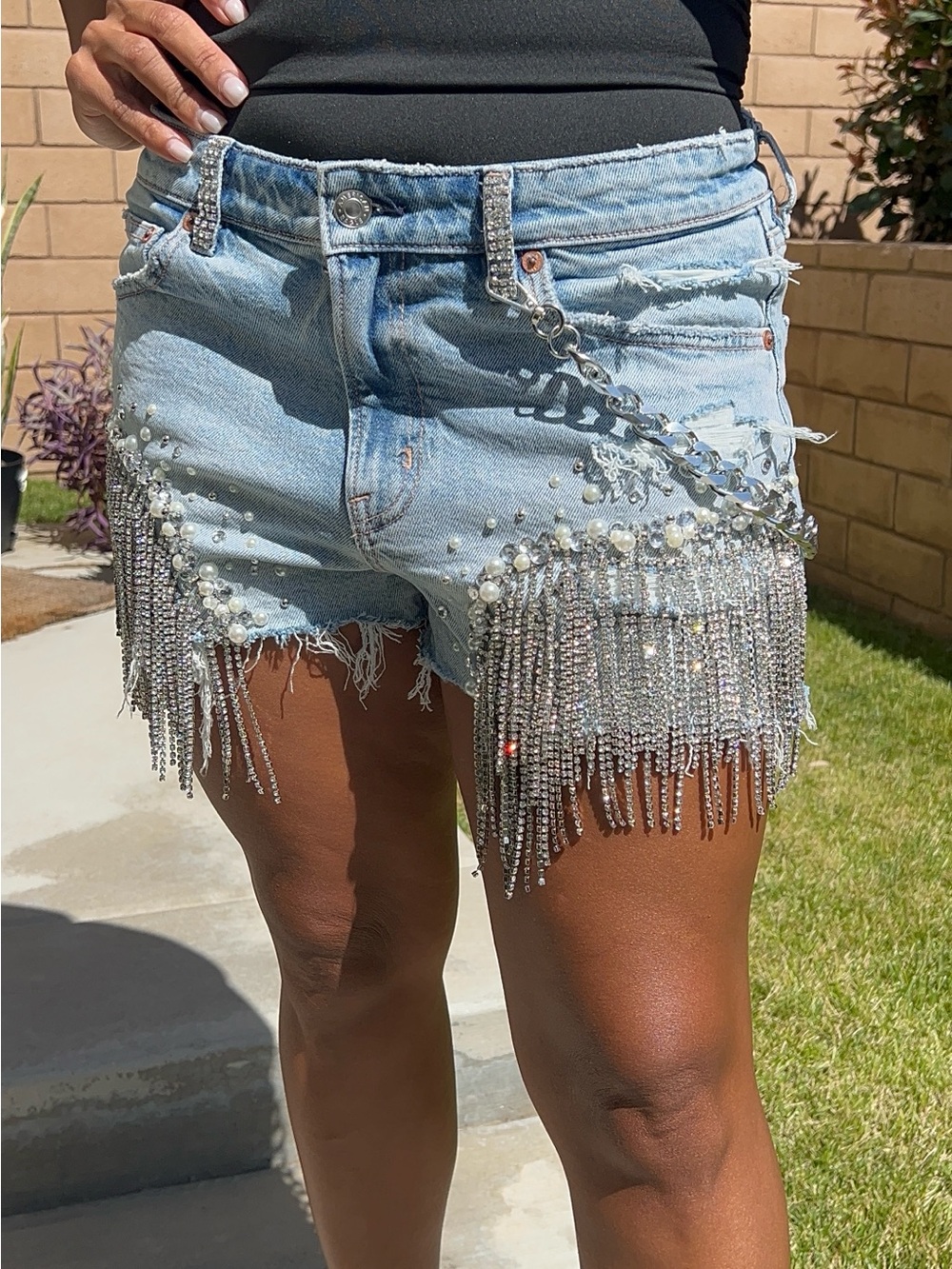 American Eagle Hand-Embellished Rhinestone Pearl Fringe Denim Festival Shorts - Picture 13 of 17